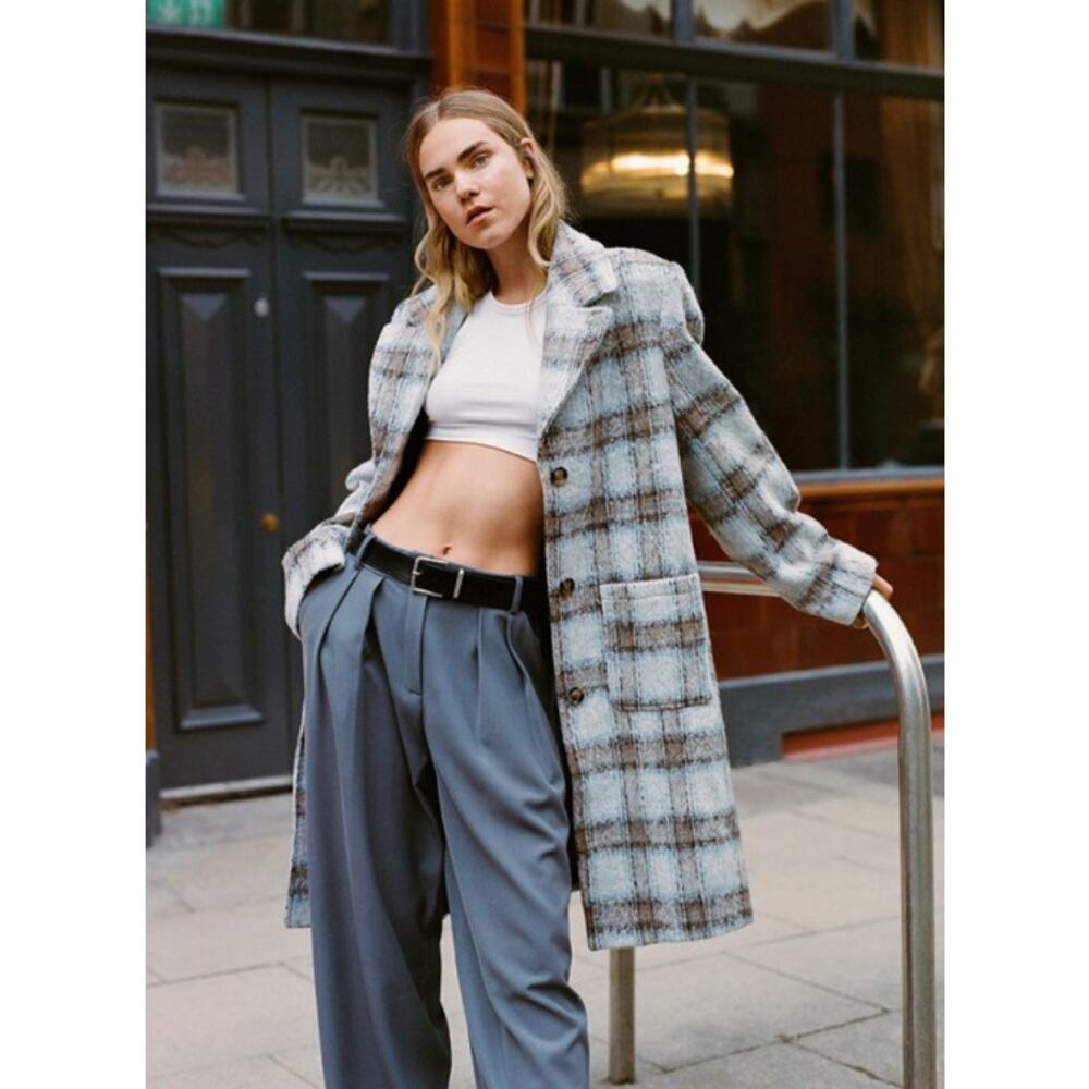 Nasty‎ Gal Collection Brushed Wool Look Plaid Checked Overcoat Trench US 2 NYC